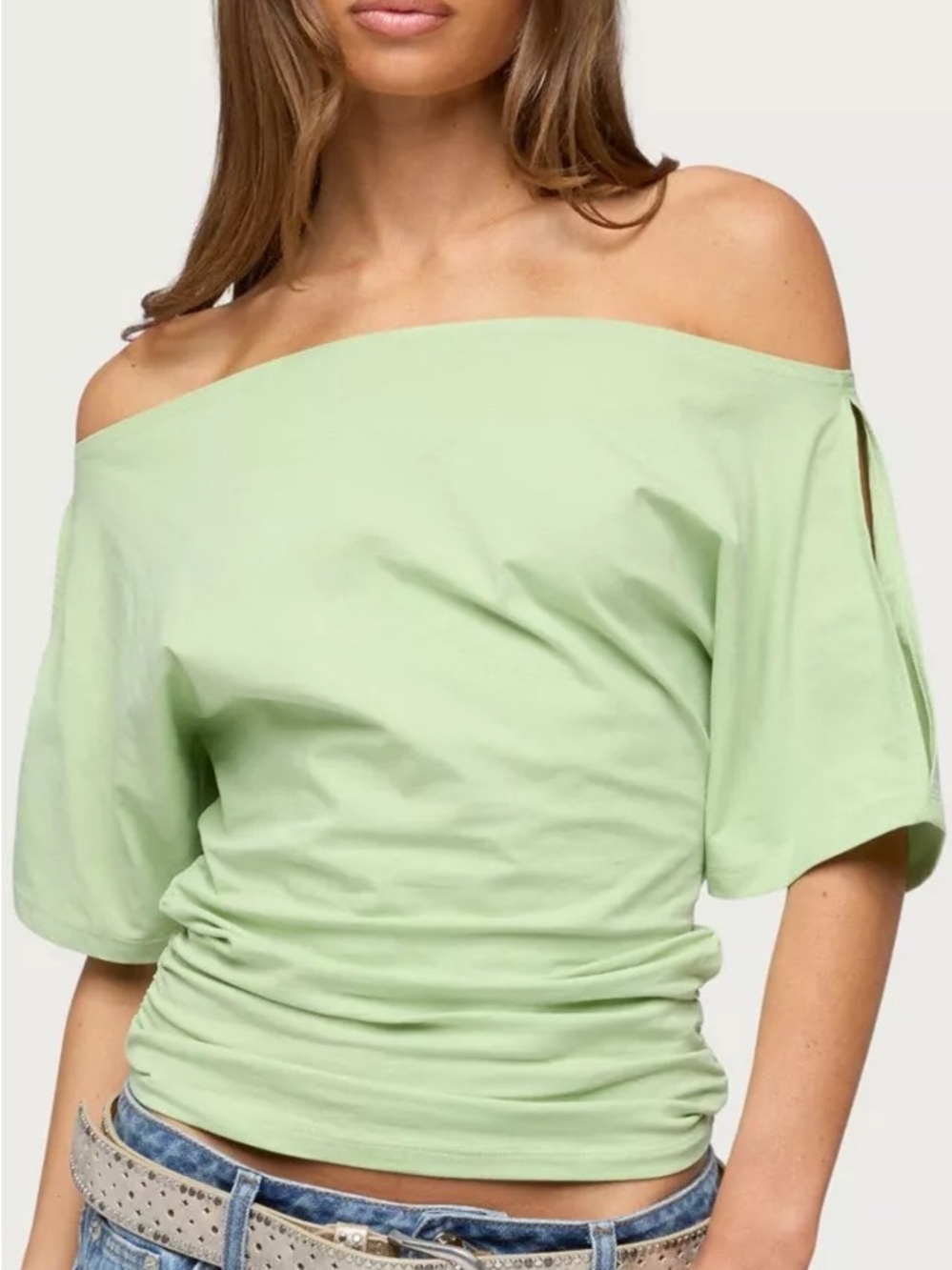 Edikted Off-Shoulder Ruched Tunic in Light Green